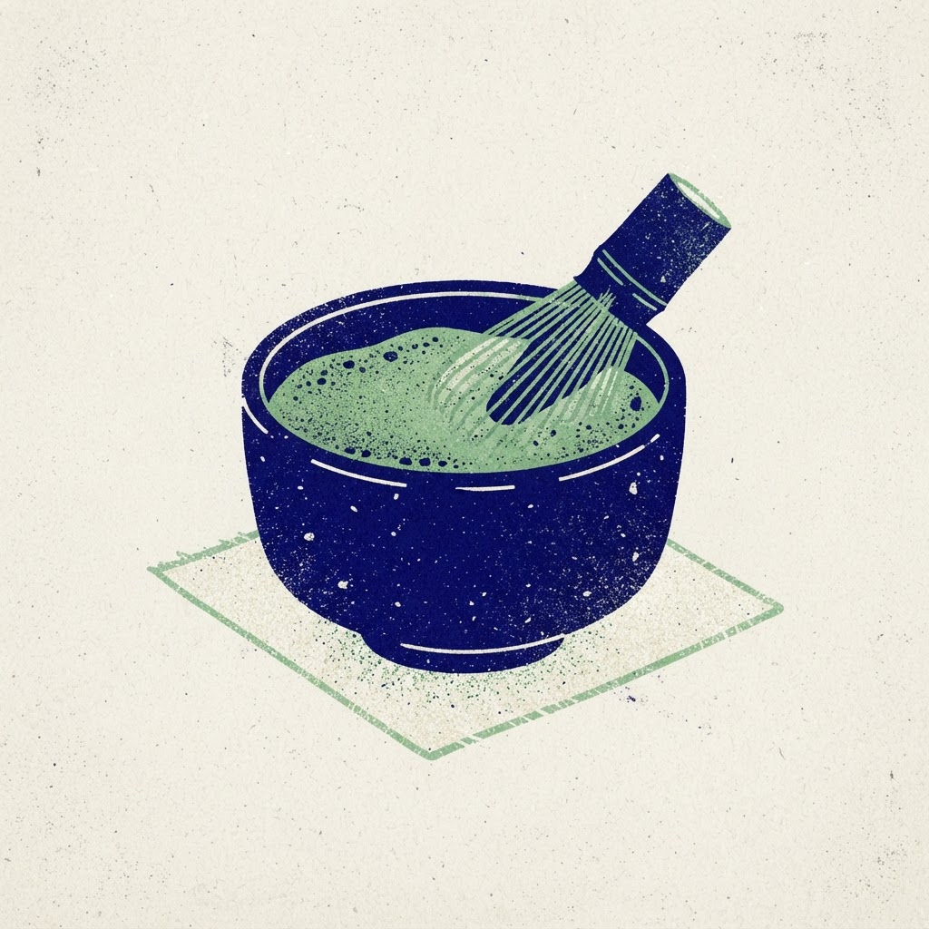 Illustration of a bowl of matcha with a bamboo whisk