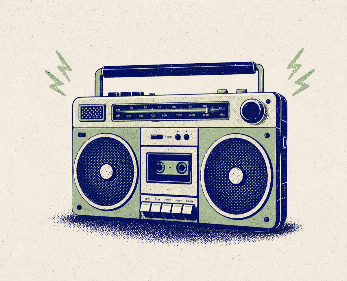 Illustration of a vintage boombox with sound lines either side