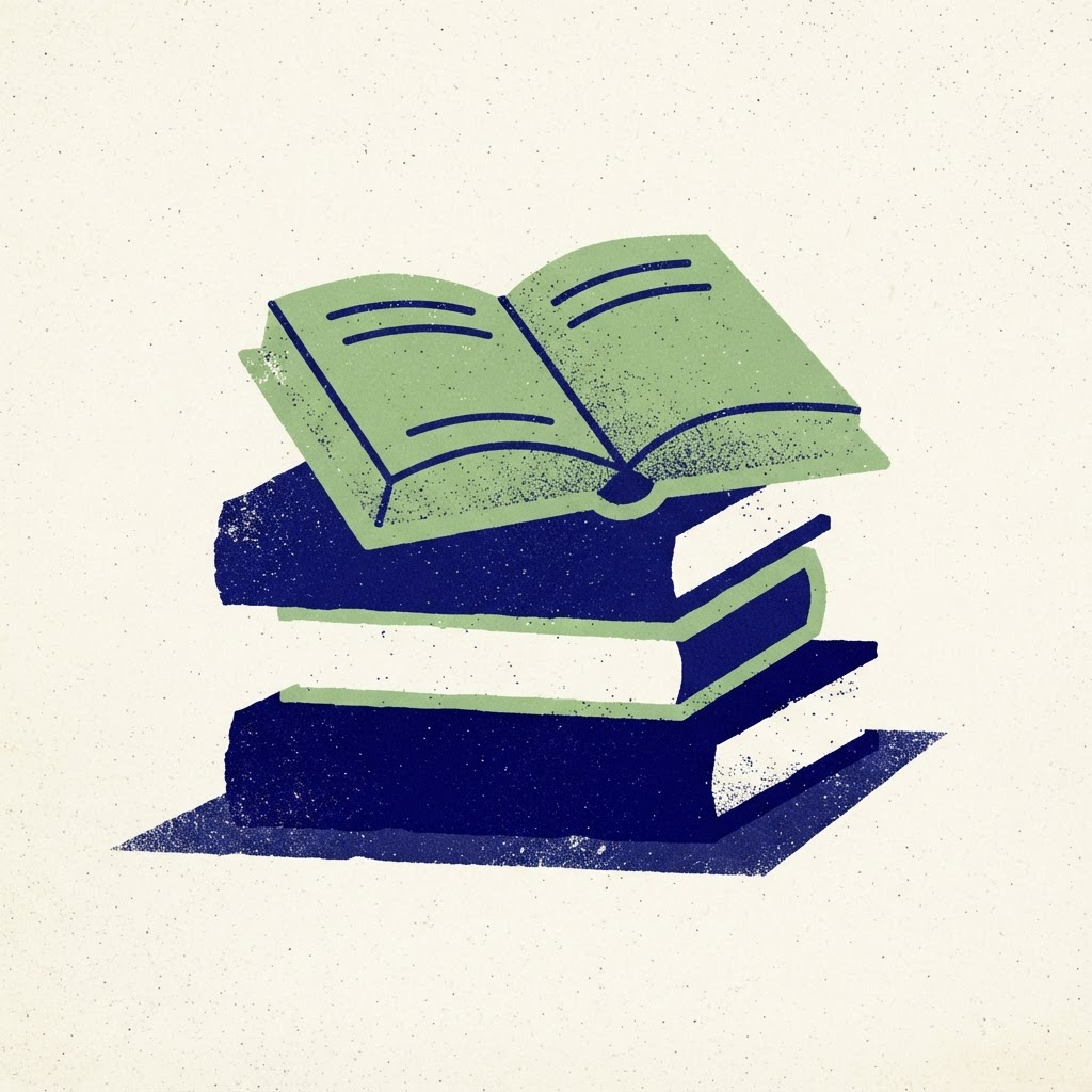 Illustration of a stack of books with an open book on top